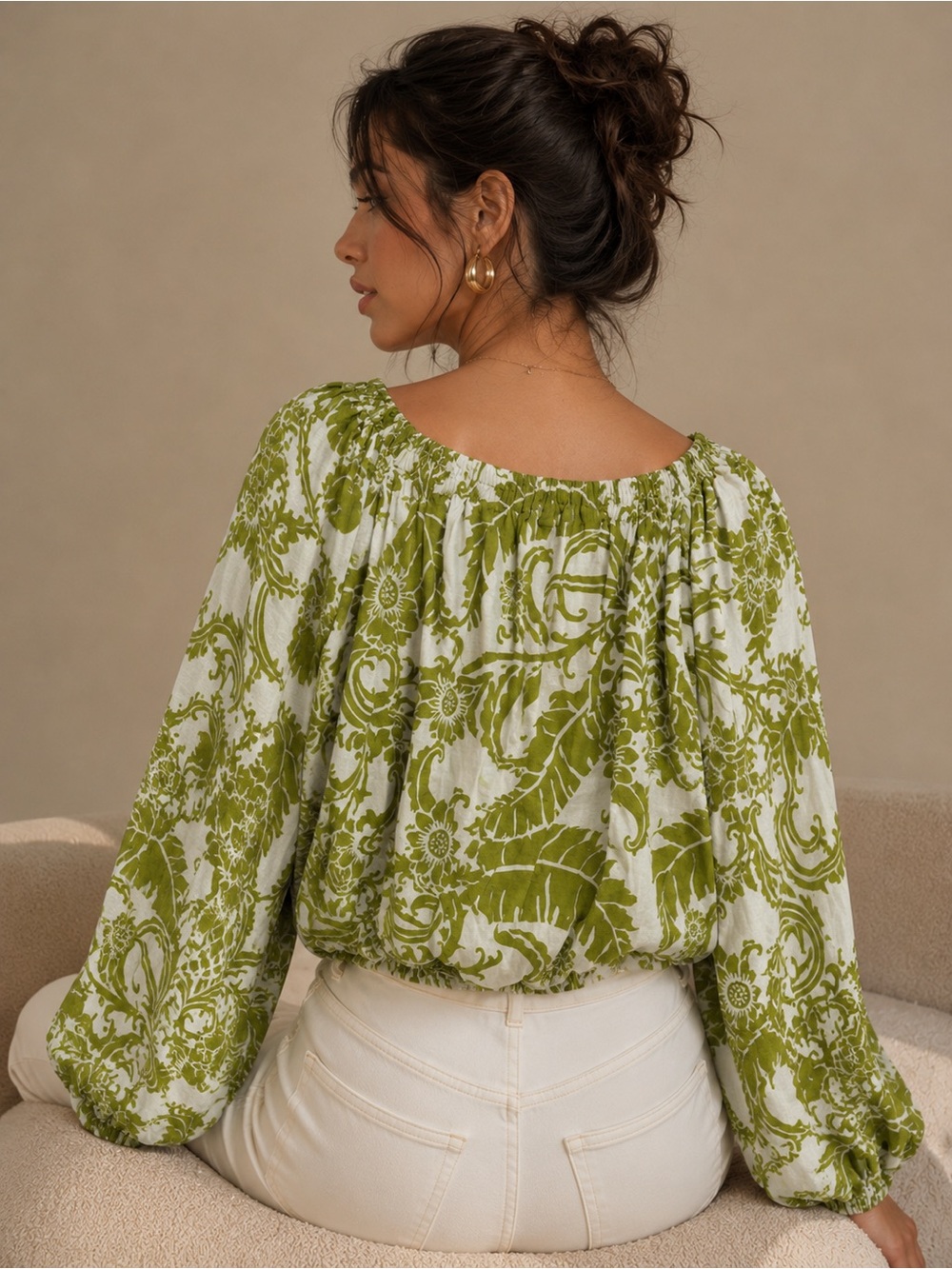 Rachel Zoe Olive and White Floral Peasant Blouse - Picture 2 of 5